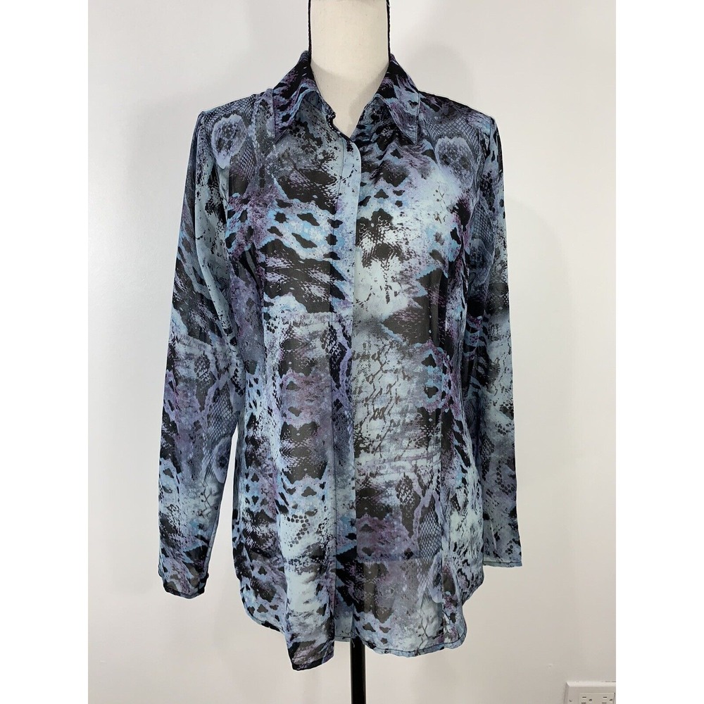 CABI #609  M Blue Purple Black Python/Snake Print Semi-Sheer Scarf Blouse Shirt